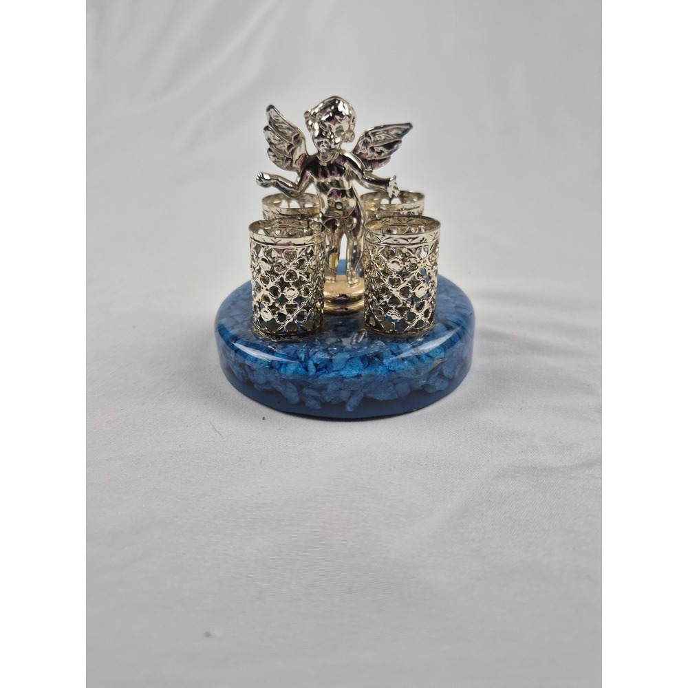 Silver Tone Cherub Angel Lipstick Holder Blue Crushed Stone Base Vanity Sam Fink